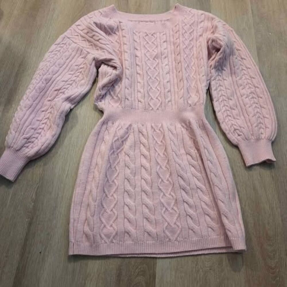 Pink Cable Knit Long Sleeve Sweater Dress